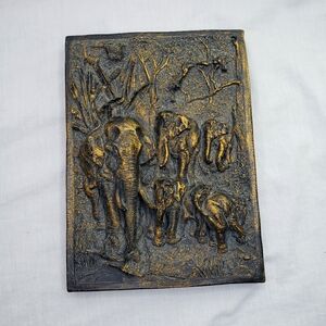 Faux Bronze Relief Elephant Family in Forest 3D Tribal